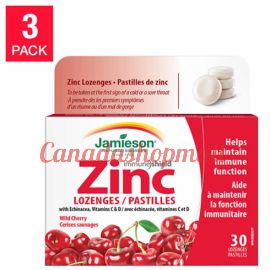 Jamieson Wild Cherry Zinc Lozenges with Echinacea, Vitamins C & D , 30-count, 3-pack