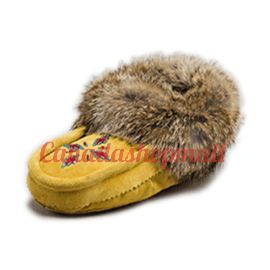 Leather Moccasin Rabbit Fur - Adult Tan Size Ladies 5