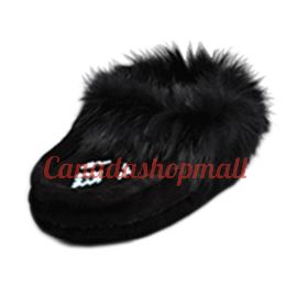 Leather Moccasin Rabbit Fur - Child Black Size4-5