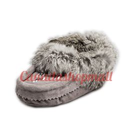 Leather Moccasin Rabbit Fur - Child Grey Size4-5