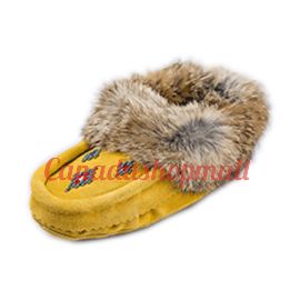 Leather Moccasin Rabbit Fur - Child Tan Size4-5