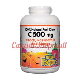 NaturalFactors C 500mg 100% Natural Fruit Chew, Peach, Passionfruit and Mango 180chewable wafers