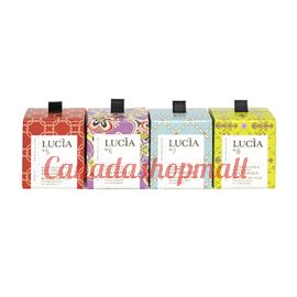 Lucia Assorted Soy Candles Set: Pomegranate & Redcurrant, Fresh Fig & Wild Ginger, Sea Watercress & Chai Tea, Thyme Flower & Coriander 4×15h